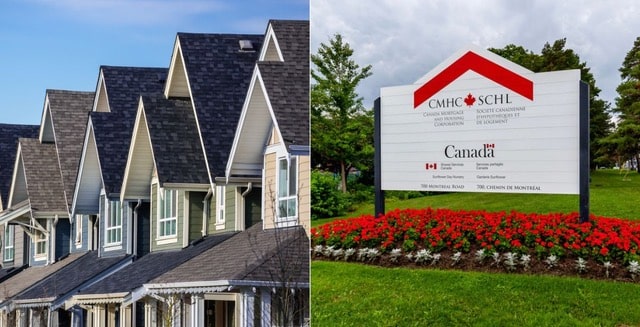 On the left, a row of modern townhouses with dark roofs; on the right, a sign for CMHC-SCHL indicating the Canada Mortgage and Housing Corporation, surrounded by a well-landscaped area with red flowers.