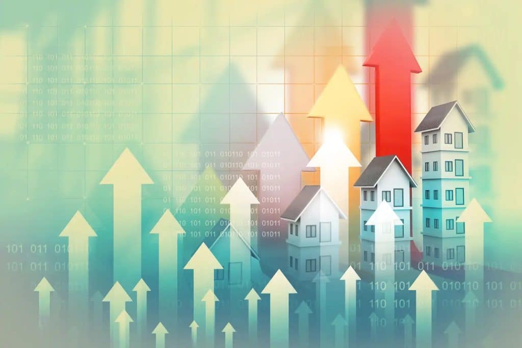 Graphic illustration showing various stages of the real estate cycle with houses and arrows pointing upward. The arrows are of different sizes and colors, indicating growth trends in the housing market. The background features binary code and a gradient of colors, symbolizing data and market dynamics