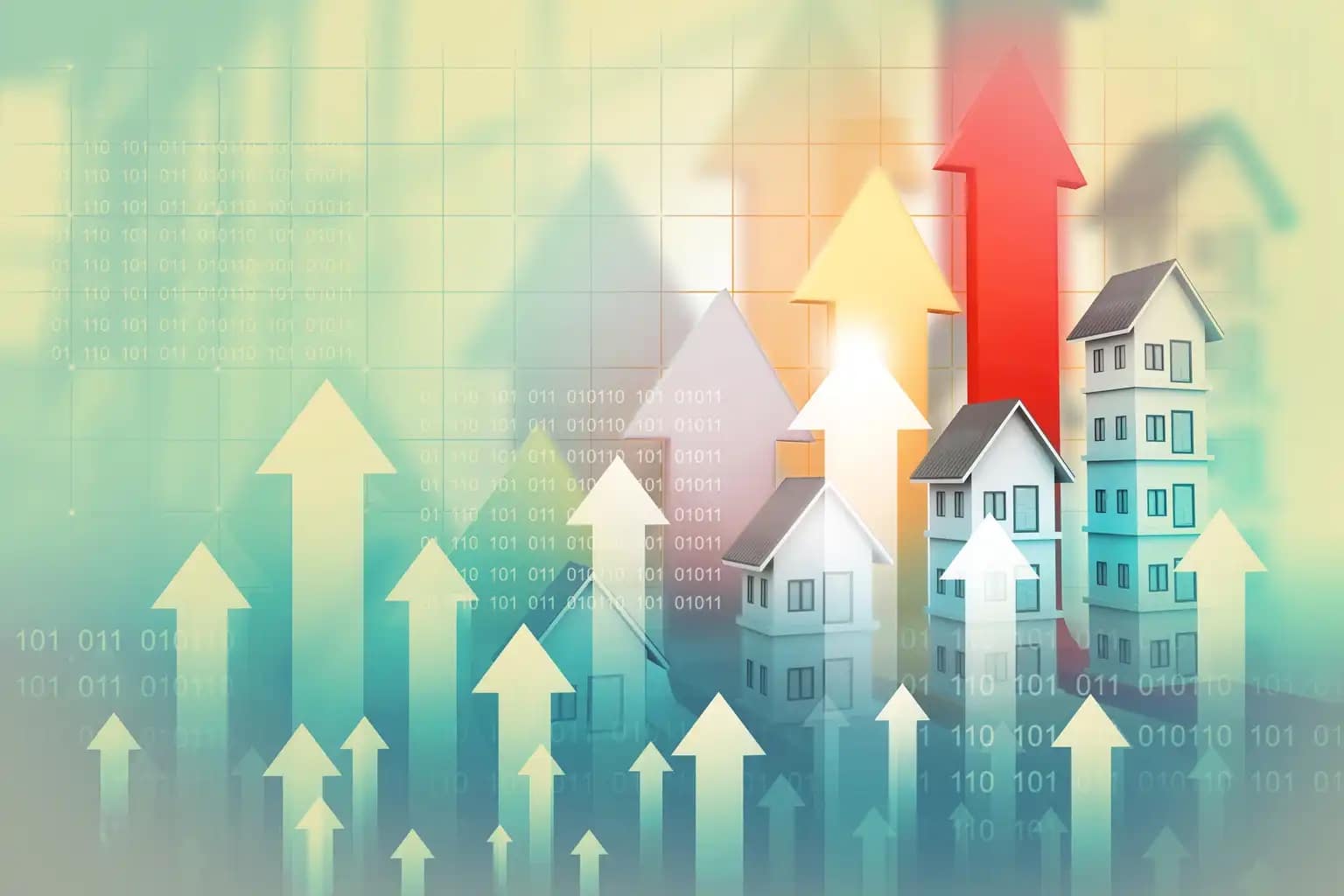 Graphic illustration showing various stages of the real estate cycle with houses and arrows pointing upward. The arrows are of different sizes and colors, indicating growth trends in the housing market. The background features binary code and a gradient of colors, symbolizing data and market dynamics