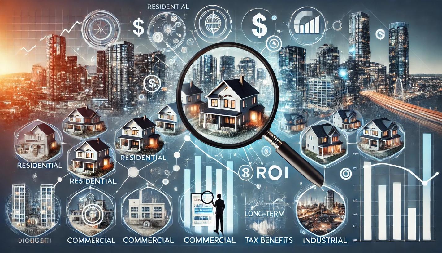 A magnifying glass focusing on residential and commercial properties, highlighting strategies to optimize real estate portfolio for better returns.