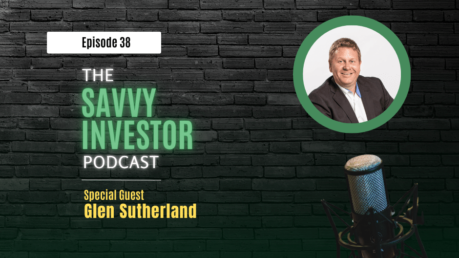Podcast episode cover featuring Glenn Sutherland discussing mistakes to avoid when investing in U.S. real estate, with a microphone and dark brick wall background