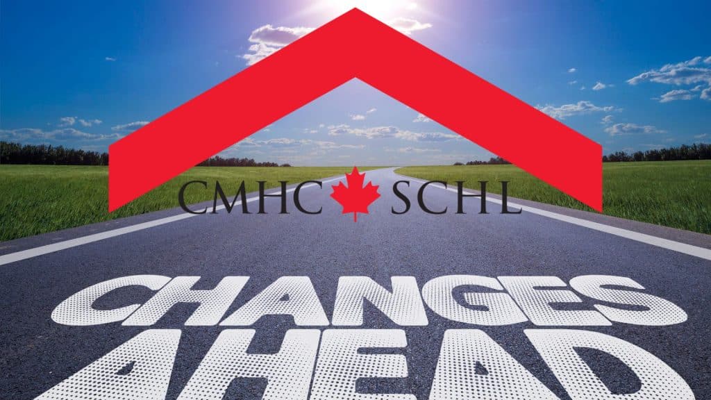 A road with "Changes Ahead" painted on it, featuring the CMHC logo and a red rooftop symbol, representing the latest CMHC rule change.
